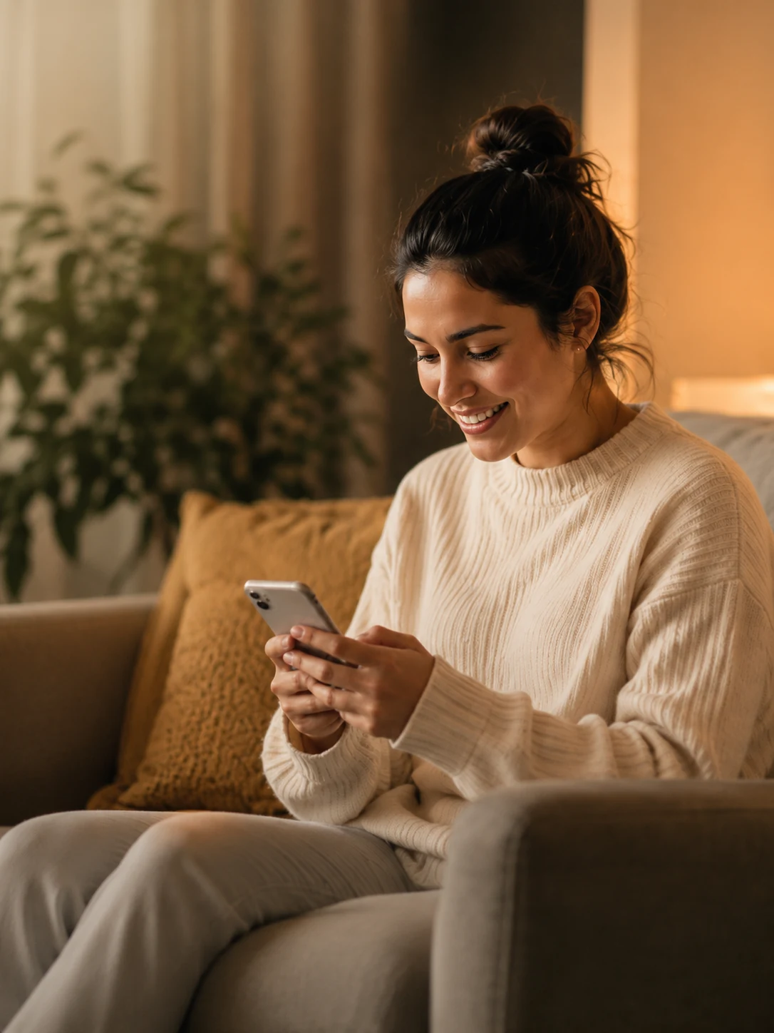 Mujer en sala usando su teléfono para una videoconsulta médica