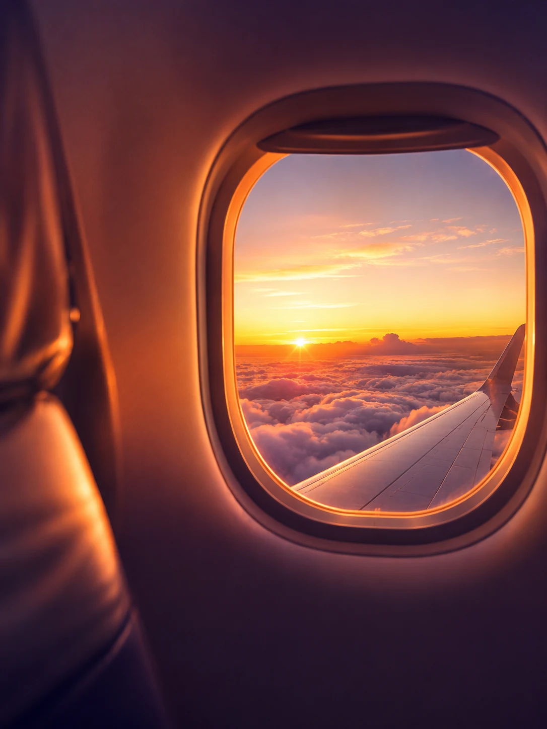 Ventana de avión al atardecer sobre las nubes