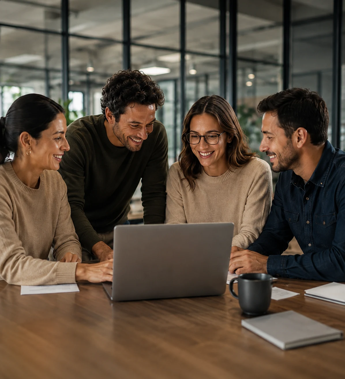 Equipo de trabajo colaborando alrededor de una laptop